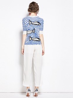 Striped Pullover Print Knitted T-shirt & Straight Pants