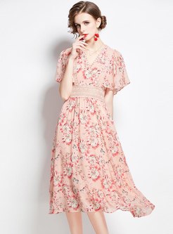 Lace Patchwork Floral Midi Chiffon Dress