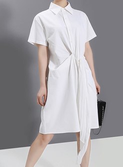 Brief White Asymmetric Knee-length Shirt Dress