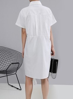 Brief White Asymmetric Knee-length Shirt Dress