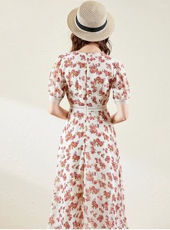 Lace Patchwork Print High Waisted Dress