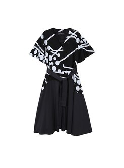 Black Print Patchwork Big Hem Midi Dress