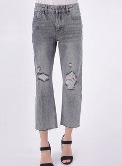 Grey Denim Straight Ripped Pants