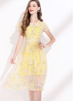 Yellow Floral Ruffle Sleeve Chiffon Skater Dress