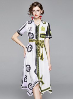 V-neck Short Sleeve Print High-low Dress