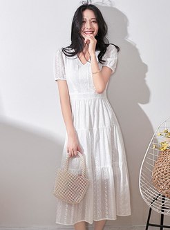 White V-neck High Waisted Midi Dress