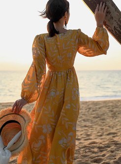 Square Neck Lantern Sleeve Print Beach Dress