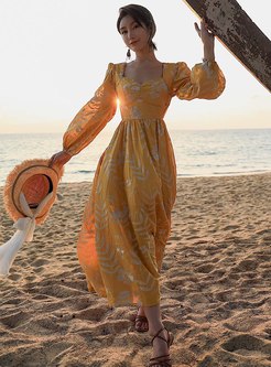 Square Neck Lantern Sleeve Print Beach Dress