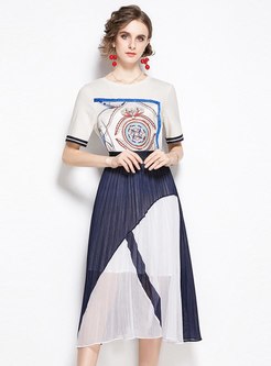 Print Pullover T-shirt & Pleated A Line Skirt