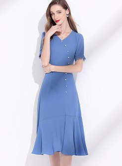 Blue V-neck Chiffon Knee-length Dress