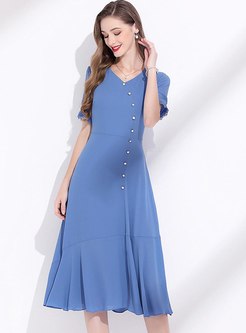Blue V-neck Chiffon Knee-length Dress