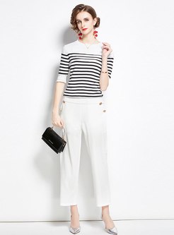 Half Sleeve Striped High Waisted Pant Suits