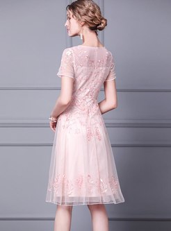 Transparent Mesh Embroidered Beaded Cocktail Dress