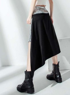 High Waisted Patchwork Asymmetric Straight Skirt