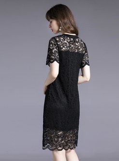 Black Embroidered Openwork Slim Lace Dress