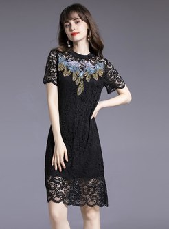 Black Embroidered Openwork Slim Lace Dress