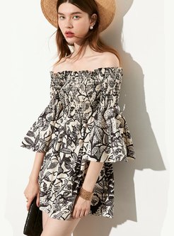 Off Shoulder Flare Sleeve Print Mini Dress