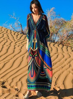 Bohemian Deep V-neck Print Maxi Beach Dress