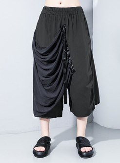 Elastic Waist Ruched Wide Leg Cropped Pants