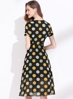 Black V-neck Polka Dot Knee-length Dress