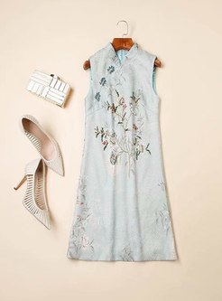 Mandarin Collar Embroidered Loose Mini Dress