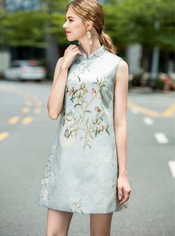 Mandarin Collar Embroidered Loose Mini Dress