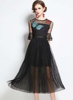 Black Half Sleeve Embroidered Mesh Midi Dress