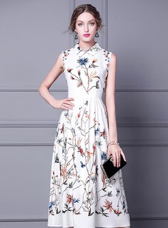 White Lapel Sleeveless Print A Line Midi Dress