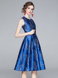 Blue Sleeveless Print Knee-length Dress
