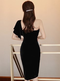 One Shoulder Velvet Bodycon Knee-length Dress