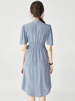 V-neck Single-breasted Silk Knee-length Dress
