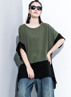 Color-blocked Pullover Loose Asymmetric Blouse