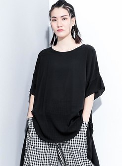 Color-blocked Pullover Loose Asymmetric Blouse