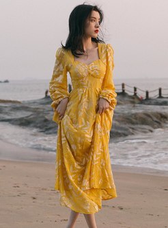 Square Neck Print Long Sleeve Beach Maxi Dress