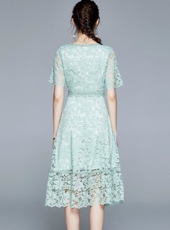 Short Sleeve High Waisted Lace Midi Dress