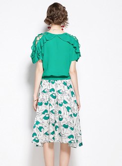 V-neck Pullover Openwork A Line Print Skirt Suits