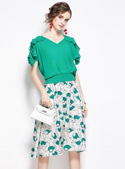 V-neck Pullover Openwork A Line Print Skirt Suits