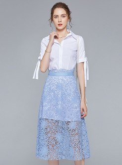Lapel Slim High Waisted Openwork Lace Skirt Suits