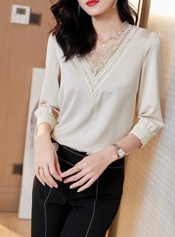 Lace Patchwork Pullover Satin Blouse
