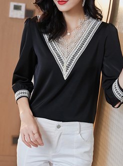 Lace Patchwork Pullover Satin Blouse