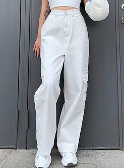 High Waisted Jean Wide Leg Pants With Pockets