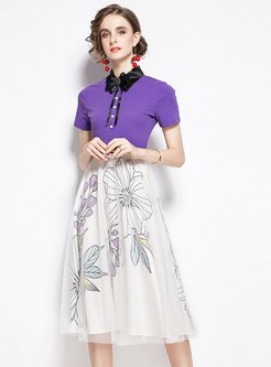 Color Block Lapel Patchwork Print Dress