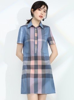 Lapel Plaid Casual Shift Mini Dress