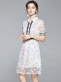 Lapel Color Block Embroidered Lace Dress