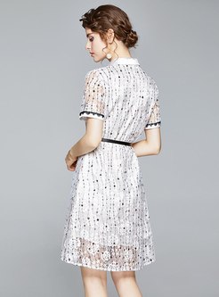 Lapel Color Block Embroidered Lace Dress