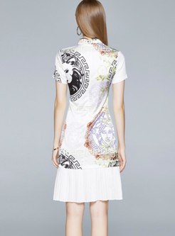 Mandarin Collar Print Patchwork A Line Dress