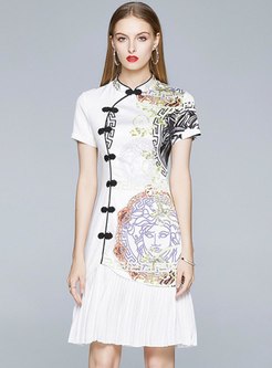 Mandarin Collar Print Patchwork A Line Dress