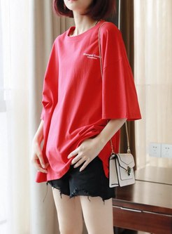 Letter Print Loose Pullover Cotton T-shirt