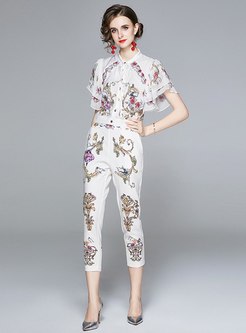 Print Ruffle Sleeve Cropped Pant Suits