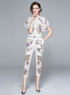 Print Ruffle Sleeve Cropped Pant Suits